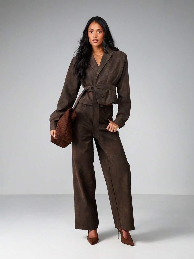 MISSGUIDED Suede Wide Leg Trousers With Belt Detail High Waisted Fall Winter Palazzo Pants With Seam Detailing