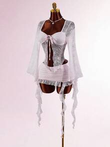 Amplova Y2K 2pcs Women Solid Color Lace Patchwork Ruffle Hem Elegant Long Sleeve Top & Bottom Set Renaissance Fair Rapunzel Sexy Blouse For Women See Through Tops White Sexy Top Lace Undershirt Long Sleeve White Mesh Top Vacation Outfits Women Y2K Valentine's Day Summer Dresses For Women Spring Break Outfits Elegant Party Dress Legant Dresses For Women - Pink - View 4