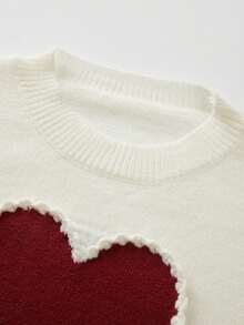 Chiquease 新款情人节限量版爱心针织毛衣，大爱心3D拼接荷叶边，宽松柔软毛绒针织面料，撞色设计，叠穿造型，甜美少女风，休闲日常穿搭，情人节可爱毛衣，女式毛衣，毛衣上衣，可爱薄款毛衣，红色爱心毛衣，针织毛衣，白色毛衣 - 杏色 - 查看 6