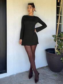 Andrea Bello 1pc Women Casual Solid Color Elegant Flared Sleeve Dress, Spring/Summer - Black - View 6