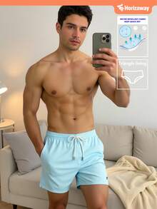 Horizaway 男式字母图案抽绳腰口袋沙滩短裤 - 藍色 - 查看 7