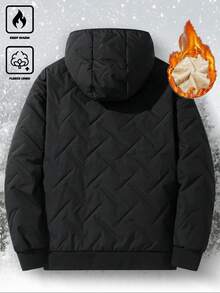 Manfinity Homme Men's Long Sleeve Autumn/Winter Hooded Black Padded Coat, Reflective Zipper, Embossed, Thermal Lining, Casual Loose Quilted Padded Coat , Men Outerwear - Black - View 2