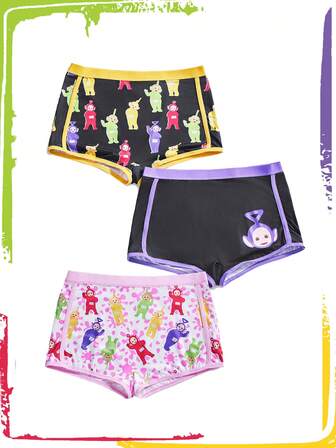 Teletubbies X ROMWE 3 pièces Culottes femme à motif de bande dessinée amusante avec bordure contrastée