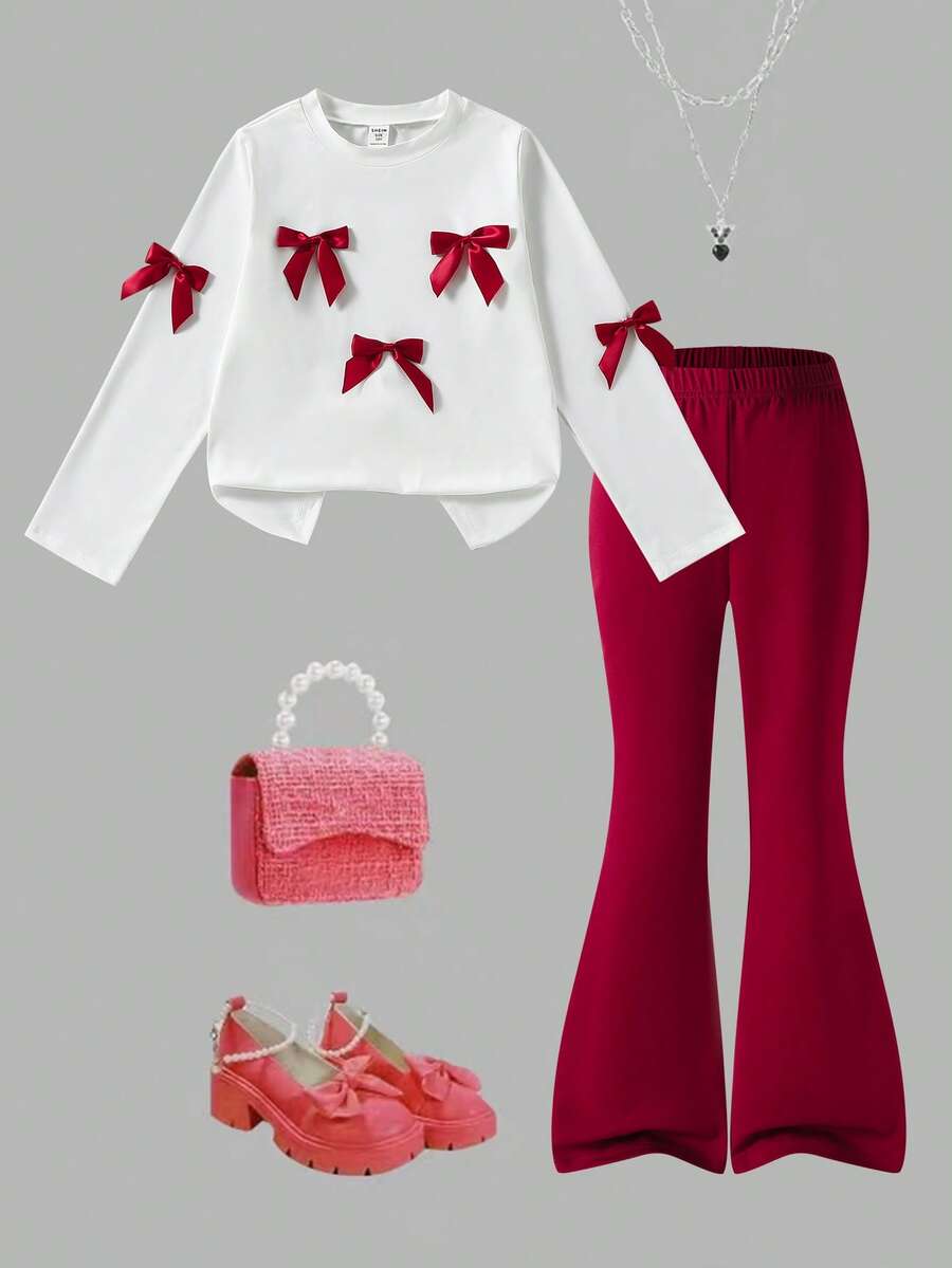 SHEIN ChillGRL Ensemble de 2 pièces pour filles de 8 à 12 ans : T-shirt à manches longues col rond blanc avec décoration 3D de cerises mignonnes, pantalon rouge moulant évasé, tenue confortable et mignonne pour la rentrée scolaire, automne - Rouge - Voir 1