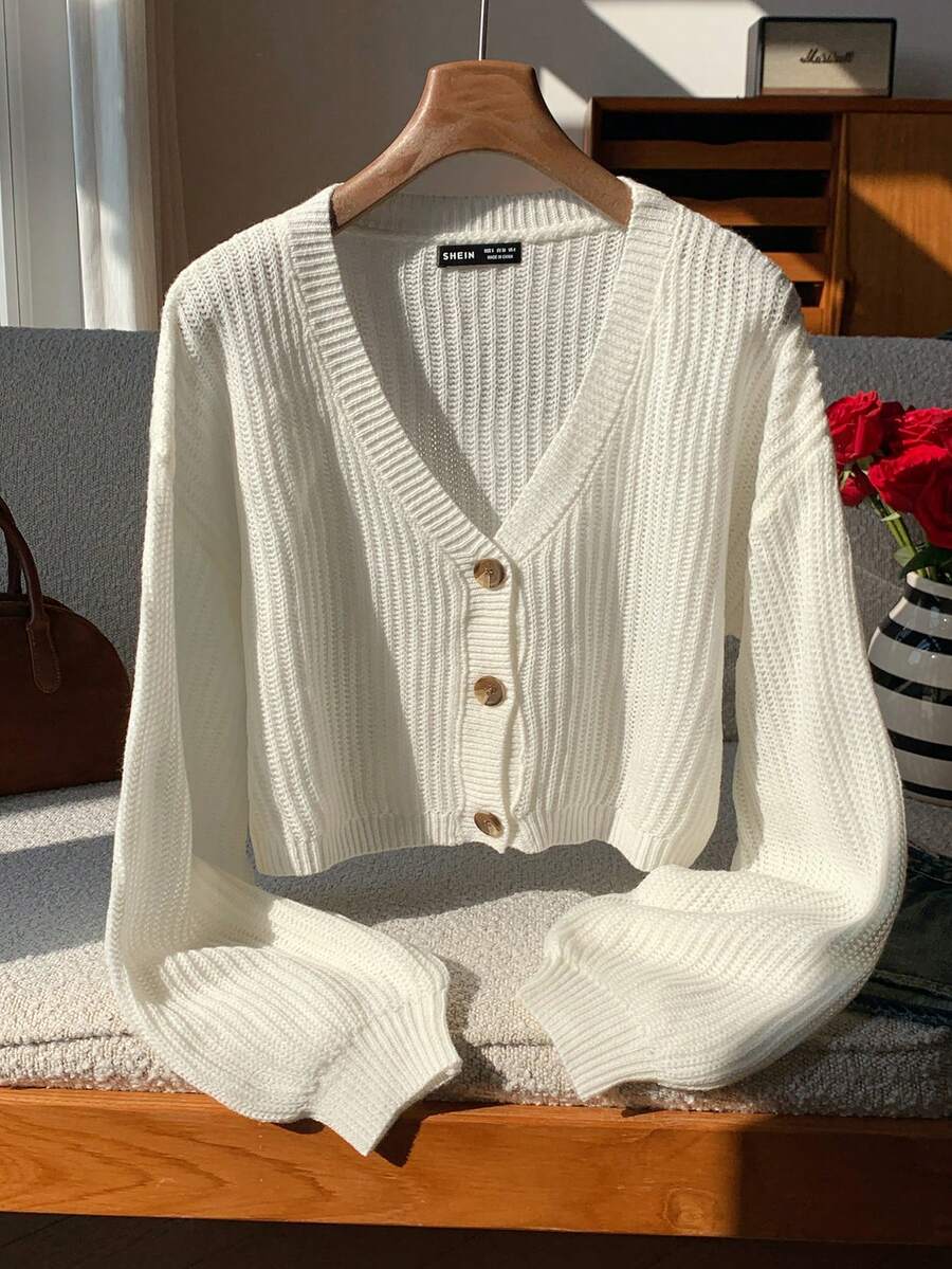 SHEIN EZwear White Lantern Sleeve Button Front Rib Knit Cardigan,Long Sleeve Tops,Knitted Sweater In Fall/Winter - White - View 1