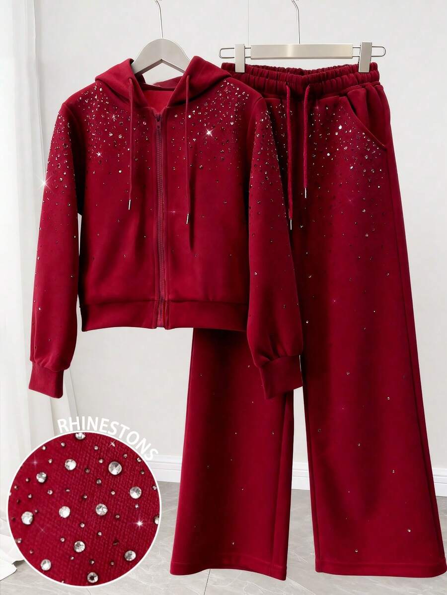 Resyla 女士闪亮水钻装饰休闲连帽衫和阔腿裤套装，送给朋友的礼物 - 酒紅色 - 查看 1