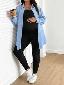 SHEIN Spring Outfit Women 2pcs Maternity Plus Size Solid Color Drop Shoulder Long Sleeve Button Front Casual Set