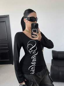 POPSWAY Áo thun dài tay ôm sát in họa tiết đen gợi cảm đa năng, trang phục mặc nhiều lớp cho mùa xuân và mùa thu - màu đen - Xem 3