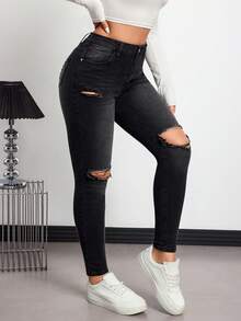 Rivivi Women's High Waist Pocket Distressed Skinny Casual Versatile Jeans - Black - View 8