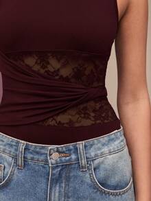SHEIN BAE Women's Round Neck Sleeveless Contrast Lace Ruffle Design Bodysuit, Versatile - Maroon - View 5