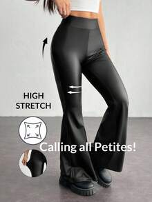 SHEIN PETITE Women's PU Leather High Elastic Flared Leggings - Black - View 9