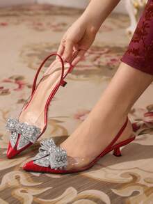 CUCCOO TILAWA Zapatos de tacón con decoración de lazo de cristal elegantes y de moda para fiestas - Rojo - Ver 5
