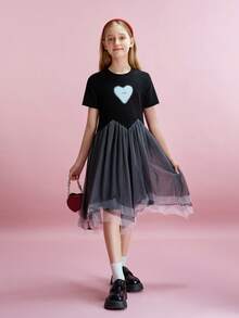Tween Girl Heart Print Color Block Round Neck Short Sleeve Dress - Black - View 4