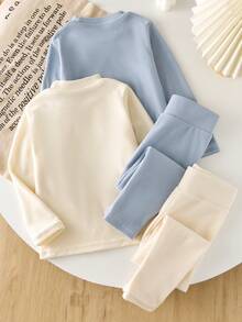 Toddler Girls 4-Piece Underwear Set - Blue White Self-Heating Fabric Thermal Underwear Set Solid Simple Design Blue White Fresh Color Self-Heating Warm Fabric Round Neck Long Sleeve Top Pants 4-Piece Combo Social Media Style Simple 2026 New Year Holiday Essential Little Girls Self-Heating Thermal Underwear 4-Piece Set