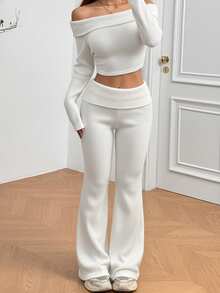 SHEIN Women's Casual Everyday Commute Simple Solid Ribbed Foldover Off Shoulder Fitted Cropped T-Shirt And Flare Leg Pants 2-Piece Set, Spring/Autumn - White - View 3