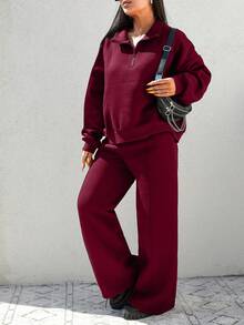 EURMUSE 100%Cotton Petite Half Zip Drop Shoulder Sweatshirt & Sweatpants - Burgundy - View 4