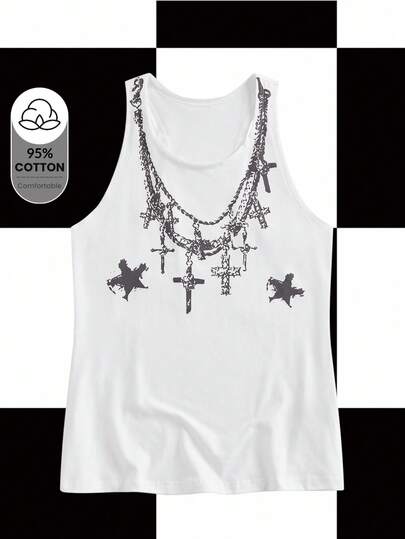 Y2Kool Studio Chunk Women's Cross & Pentagram Print Loose Fit Tank Top Goth Tops Punk Tops Goth Tank Top Chain Top Concert Tops Casual Stylish Clothing Collection New Year Outfits Cotton
