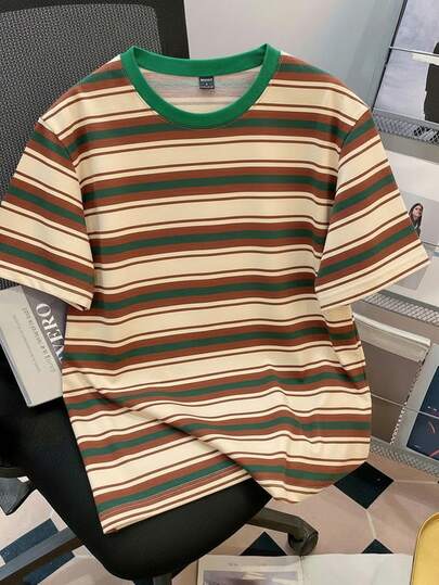 Manfinity Joysei 男士休闲复古条纹印花短袖圆领T恤，适合夏季日常通勤