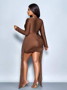SOLERSUN Elegantes Kleid in Große Größen für Damen mit Temperament, Mode, Pailletten, Spitze, Mesh-Einsätzen, einfarbigem glänzendem Stoff, schlanker Silhouette, sexy Raffungen, hochwertigem Design und Schleife, geeignet für Silvester, Streetstyle, Alltag, Konzerte, Partys, Dates - Braun - Übersicht 3