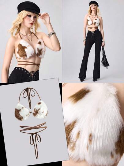 J-Fashion Top a bralette vintage con stampa animalier e pelliccia per donne