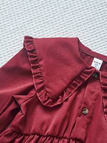 Playful Pals Young Girl' Casual Pleated Collar Long Sleeve A-Line Dress, Burgundy, Suitable For Valentine's Day, Everyday Wear, Outings And Gatherings