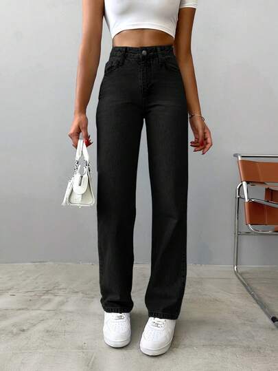SHEIN PETITE Women 100% Cotton Casual Solid Straight Leg Jeans