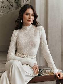 Anewsta 女士立领修身褶皱蕾丝长袖白色衬衫