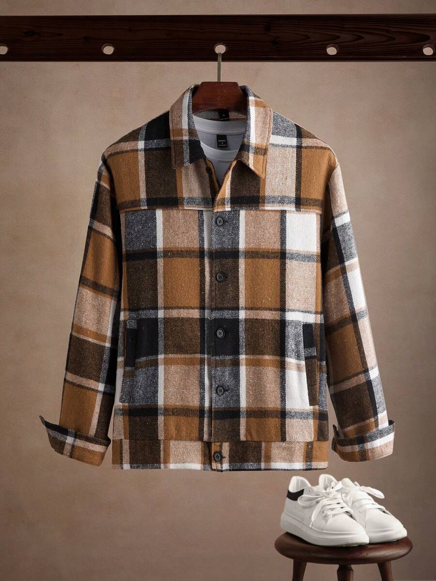 Core Aspect 1pc Men's Wool Blend Plaid Pattern Jacket, Featuring Black Button Decor, Simple Casual Design, Fitted Comfortable Silhouette, Functional Side Pockets, Suitable For Daily, Commute, School, Vacation Wear, Great Gift For Husband Or Boyfriend, Unisex Couple Matching Men Shacket Plaid Jacket Men Men Overshirt Flannels For Men Fall Clothes For Men, Men Plaid Jacket, Flannel Men Jacket, Brown Flannel Men, Checkered Jacket, Streetwear Plaid