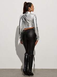 Zyxie Women's Silver Hollow-Out Design 2 In 1 Cropped Long Sleeve Fitted Sexy Fashionable Top - Silver - View 2