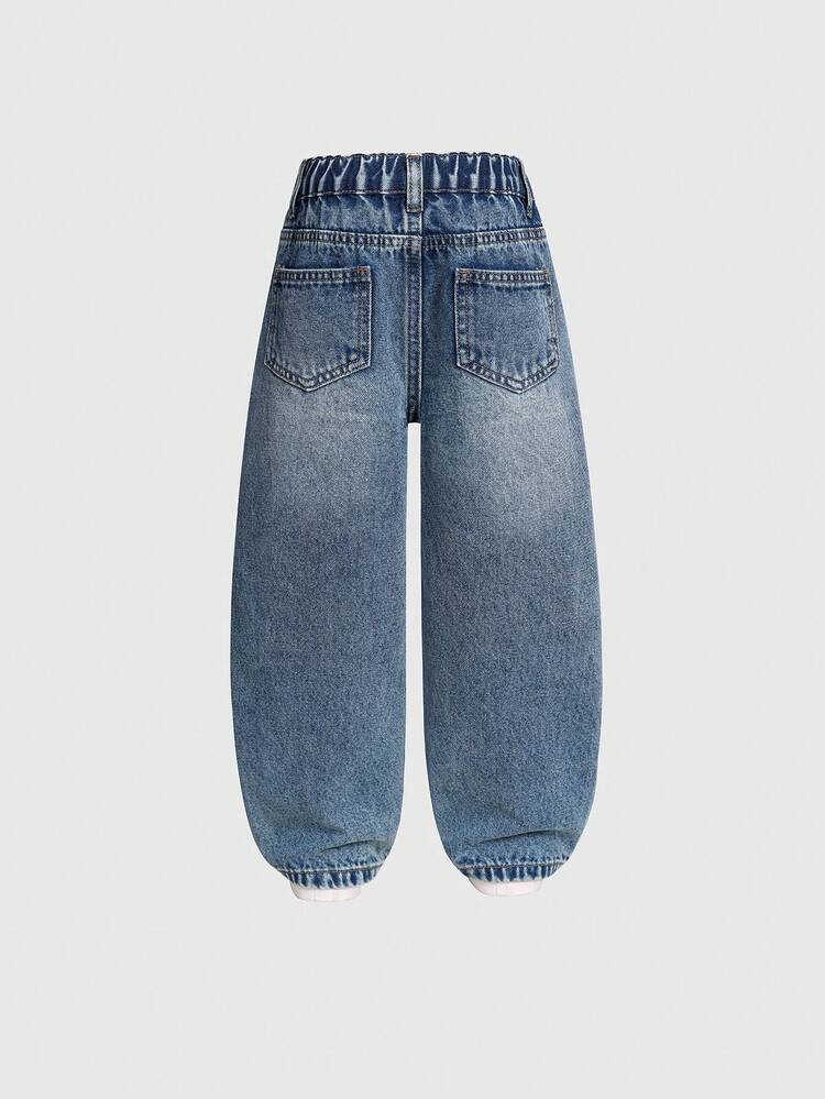 Jeans rectos holgados con bordado de corazón para niñas, de moda y versátiles - Azul lavado medio - Añade 3
