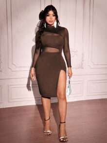Viva Relle Plus Size Women High Stretch Bodycon Mini Dress With Mesh Patchwork Details,Valentine - Coffee Brown - View 6