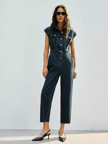 Maija Bộ jumpsuit denim nữ tay ngắn cài cúc nửa thân, kiểu dáng thường ngày, trang phục công sở thanh lịch, thích hợp cho ngày lễ tình nhân, tiệc tùng hoặc các dịp lễ hội. - Rửa tối - Xem 3