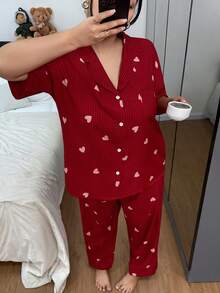 SHEIN 条纹爱心印花翻领短袖睡衣套装，加大码 - 紅色 - 查看 5