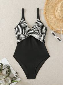 Swim Lushoire 1pc Striped Special Fabric Crisscross Front One-Piece Swimsuit Summer - Black and White - View 4