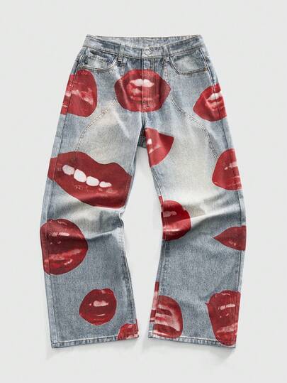 Street Life Lip Print Design Retro Personalized Men's Fashion Jeans