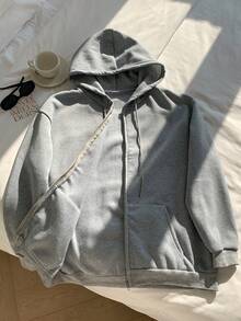 SHEIN EZwear 纯色拉链抽绳连帽卫衣，长袖上衣，适合毕业季、返校季、毕业典礼、教师节等场合，秋冬季返校季必备单品 - 淺灰色 - 查看 5