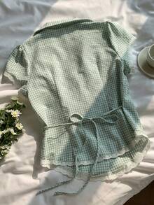 Comfortcana 女士休闲格纹纹理翻领单排扣衬衫，夏季 - 綠色 - 查看 2