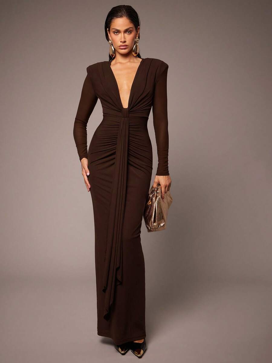 Silquee Women's Autumn/Winter Ruched Ribbon Drape Shoulder Sheer Long Sleeve Bodycon Elegant Sexy Deep V Dress - Coffee Brown - View 1