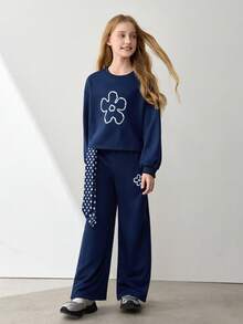 Tween Girls' Oversized Crew Neck Drop Shoulder Long Sleeve Casual Pullover Pullover Sweatshirt Set - Navy Blue - View 3