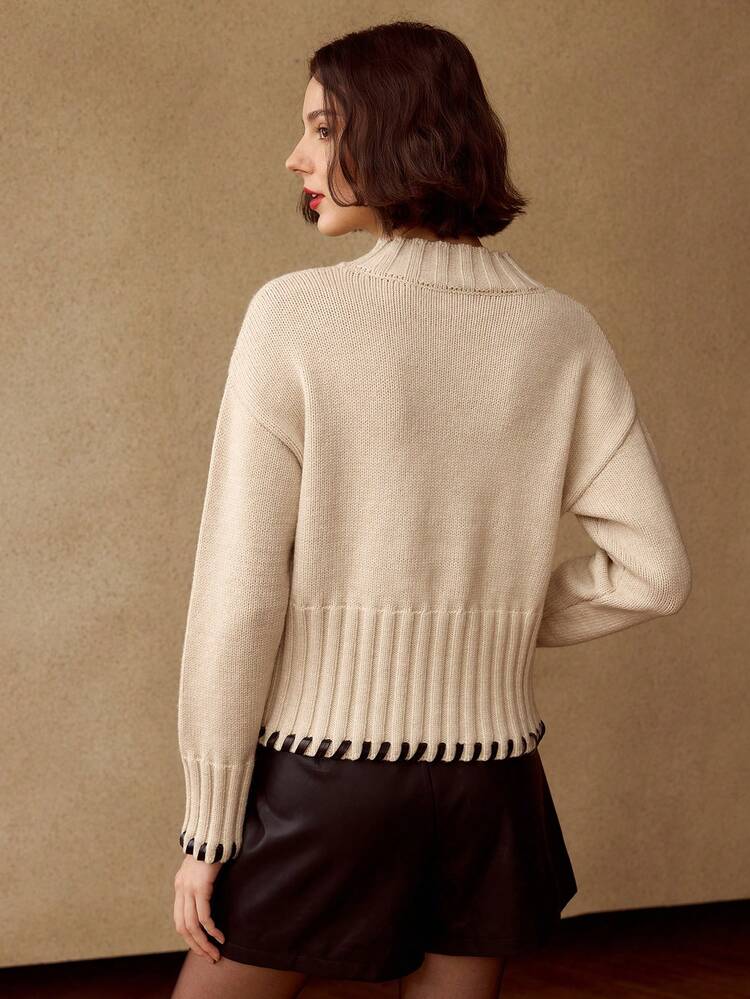 CONTRAST TRIM MOCK NECK DROP SHOULDER OVERSIZE SWEATER KNIT PULLOVER FALL WINTER