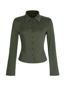 Women's Striped Print Simple Daily Long Sleeve Blouse Women Shirt - Army Green - View 6