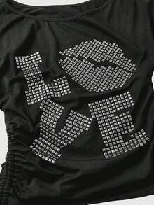 ROMWE Grunge Punk Punk LOVE Rivet Batwing Sleeve Oblique Shoulder Bodycon Top - Black - View 3