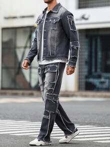 Manfinity LEGND 男士休闲做旧毛边灰色牛仔套装 - 深灰色 - 查看 3