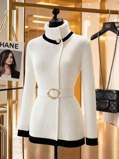 GlowEve Autumn/Winter New White Metal Buckle Turtleneck Patchwork Long Sleeve Top, Fashionable CasualCinched Waistt Bowknot Versatile Women Sweater