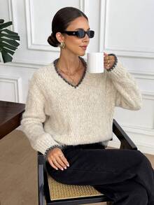 SHEIN Frenchy Women's Casual  Contrast Color V-Neck Drop Shoulder Long Sleeve Sweater, Autumn/Winter ,Autumn/Winter For Women,Going Out ,Chic Sweater, Fall For Women,New Year ,Party,Graduation ,Casual, Prom ,Going Out Tops Winter Casual, All Season ,New Year Clothes,Sweaters For Women - Multicolor - View 2