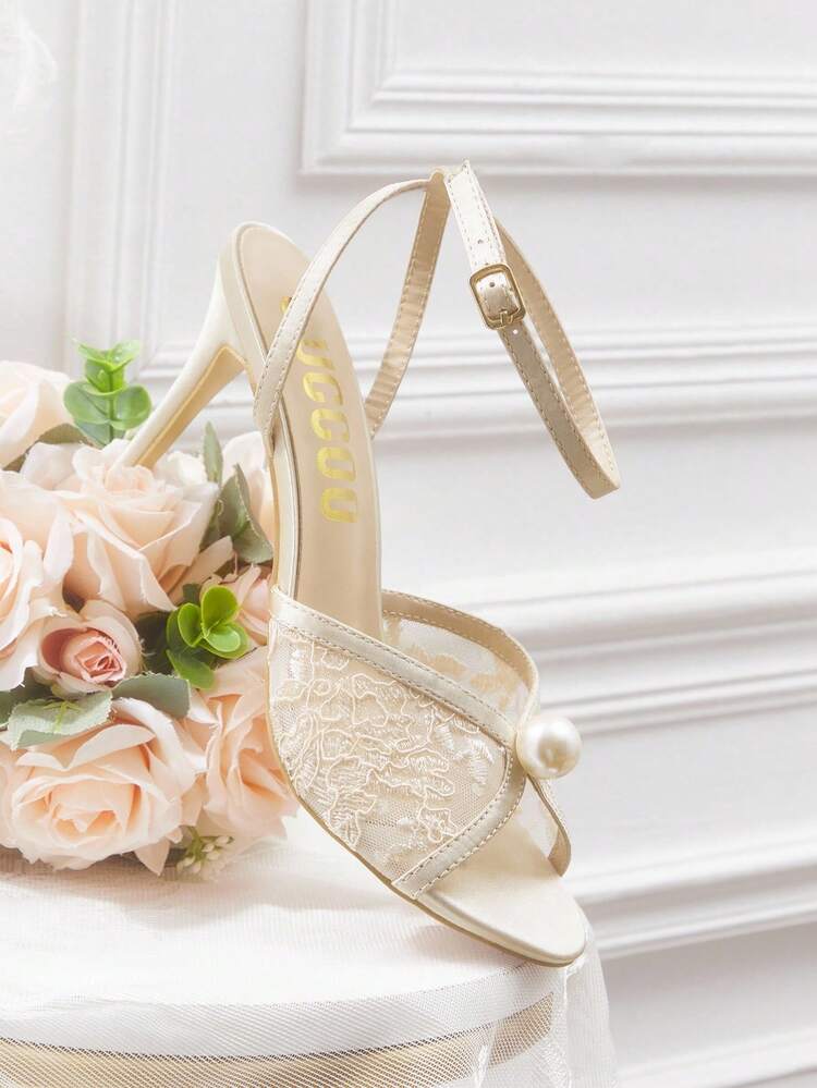 CUCCOO HITCHD Apricot Pointed Toe Stiletto Heel Lace Mesh Faux Pearl Elegant Wedding Party Women's High Heel Sandals For Christmas Elegant Shoes Wedding Shoes Summer Shoes Bride Shoes