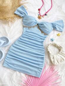 Soleia Robe moulante à épaules dénudées en maille tricotée pour les vacances - Bleu ciel - Voir 6