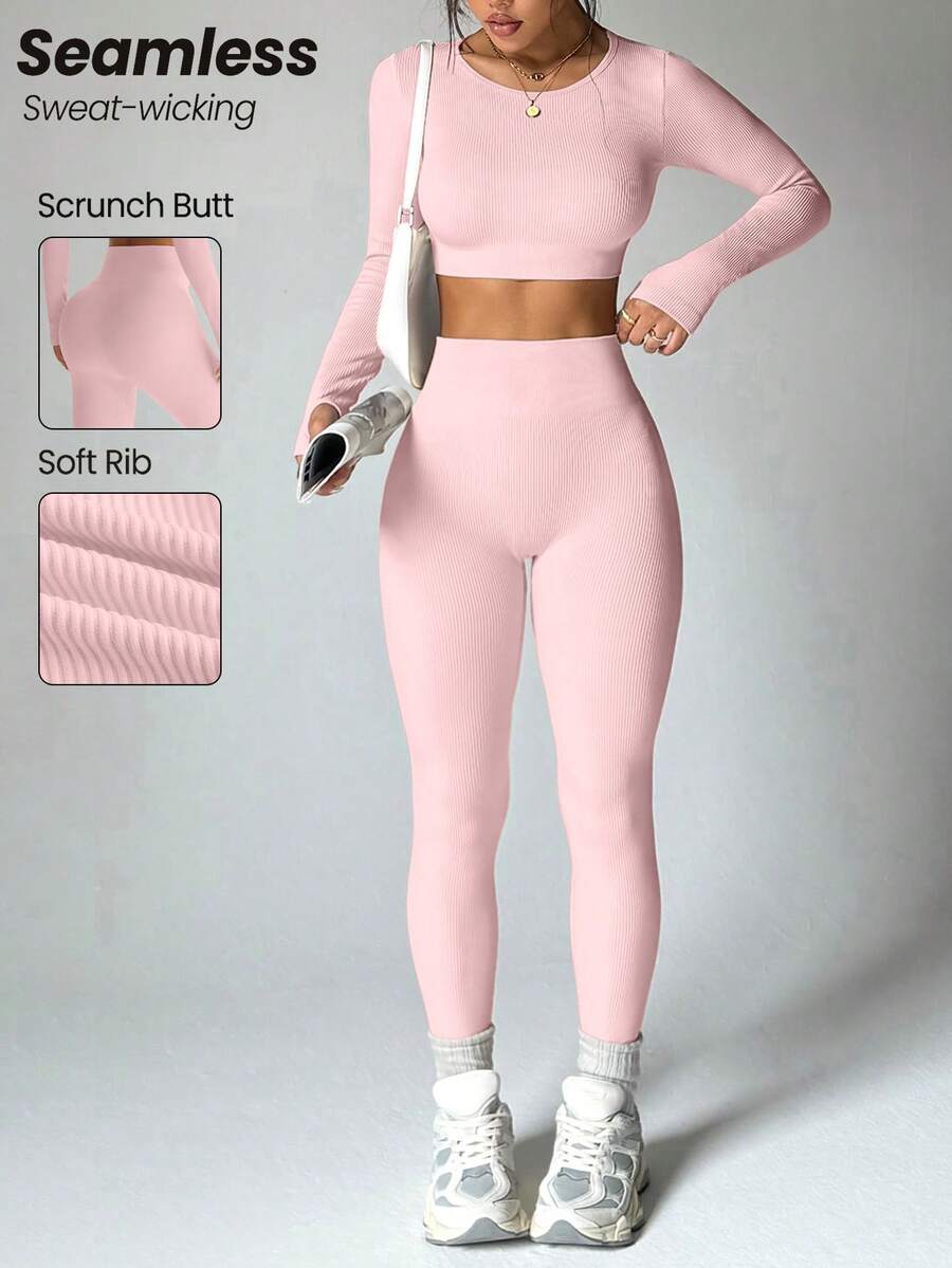 Gameset SHEIN Sport 无缝高弹力女士纯色圆领长袖上衣和高腰长裤运动套装 - 粉色 - 查看 1