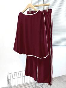 EMERY ROSE Plus Size Women's Contrast Color Trim Long Sleeve 2 Pieces Set,Burgundy Autumn Smart Casual Everyday Comfy Lounge Pajama Two Piece Set Co Ords - Burgundy - View 2
