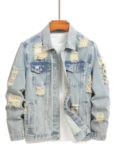 Chillumni Men's Casual Distressed Blue Denim Jacket, Street Style